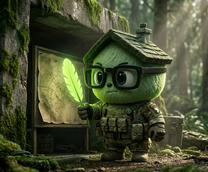 PONS ARMY mascot studying a map in the forest