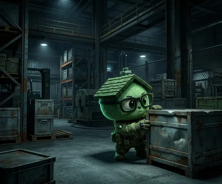 PONS ARMY mascot taking cover in a warehouse
