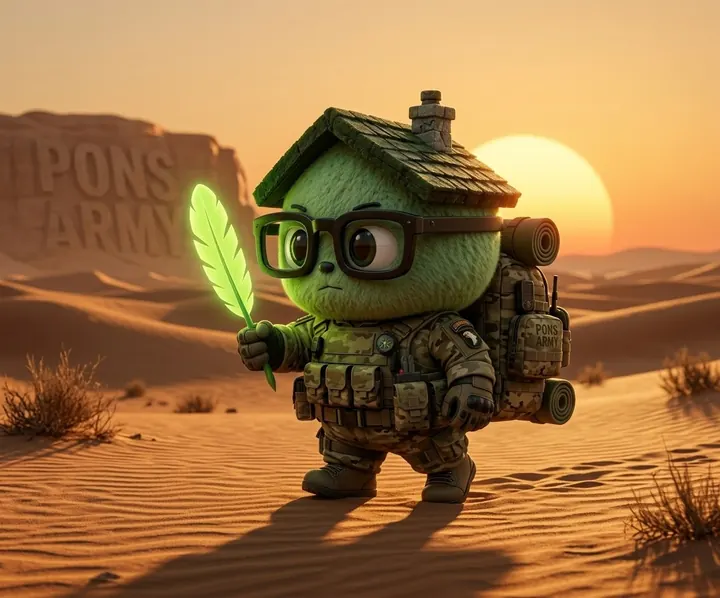 PONS ARMY mascot crossing a desert at sunset