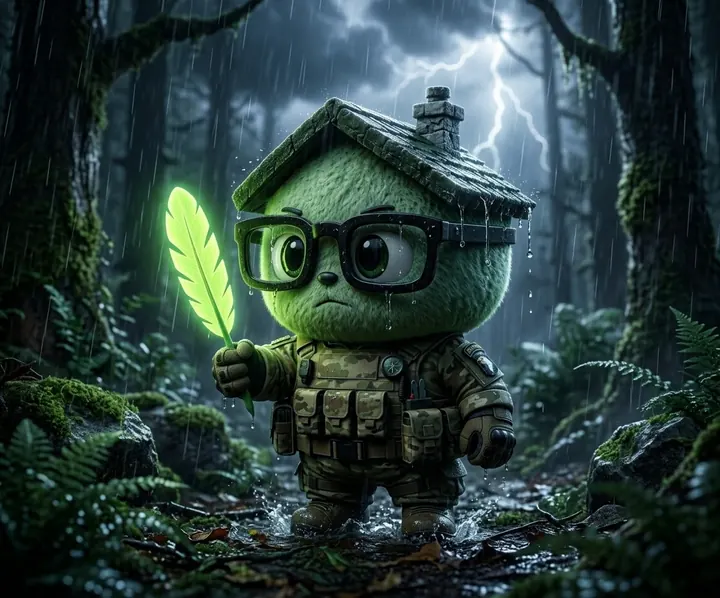 PONS ARMY mascot standing in a stormy forest